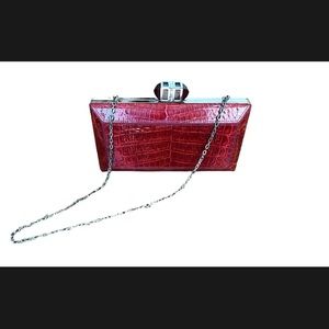 Judith Leiber Couture Women's Red Crocodile Purse Faceted Box Handbag Clutch Bag